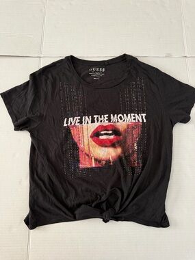 Guess Black Graphic Tee with Red Lip Print